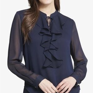 Tommy Hilfiger Navy Ruffle Tie-Neck Blouse